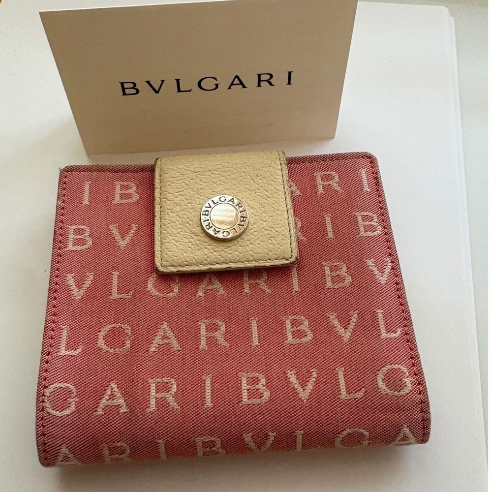 Bvlgari Canvas Leather Tri Fold Wallet Pink Monogram Snap Closure
